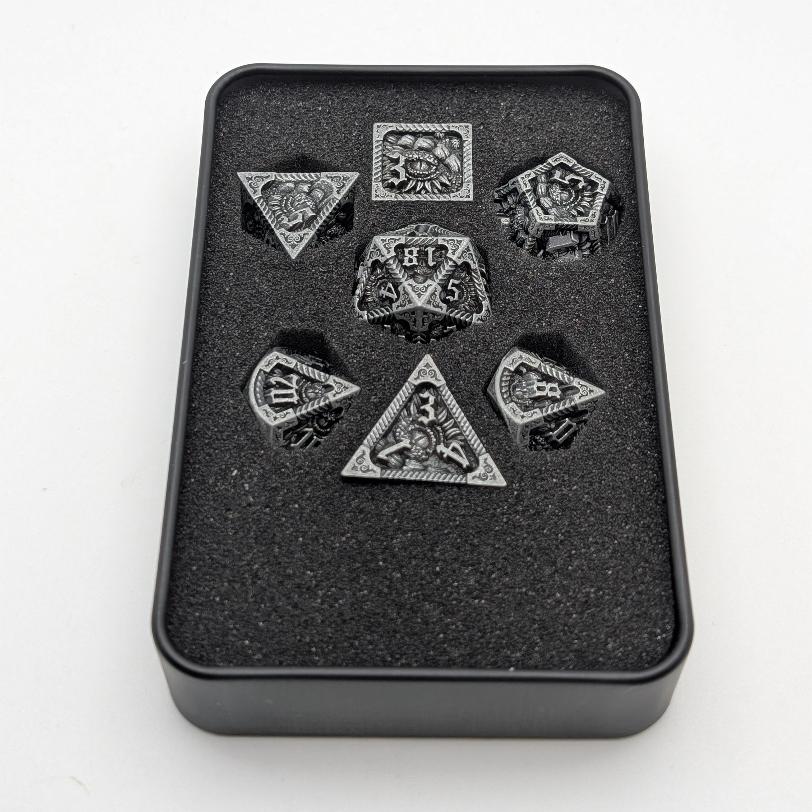 Elder Scroll (Silver) - 7 Piece DnD Dice Set | Metal RPG Gaming Dice