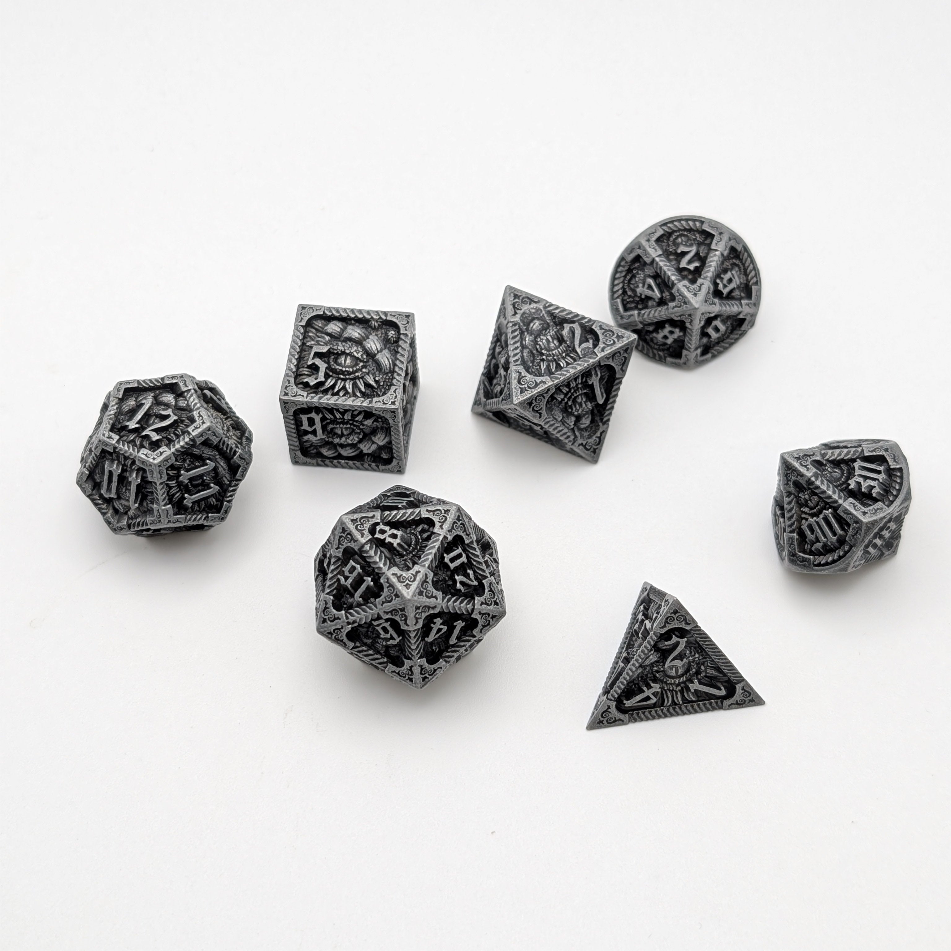 Elder Scroll (Silver) - 7 Piece DnD Dice Set | Metal RPG Gaming Dice
