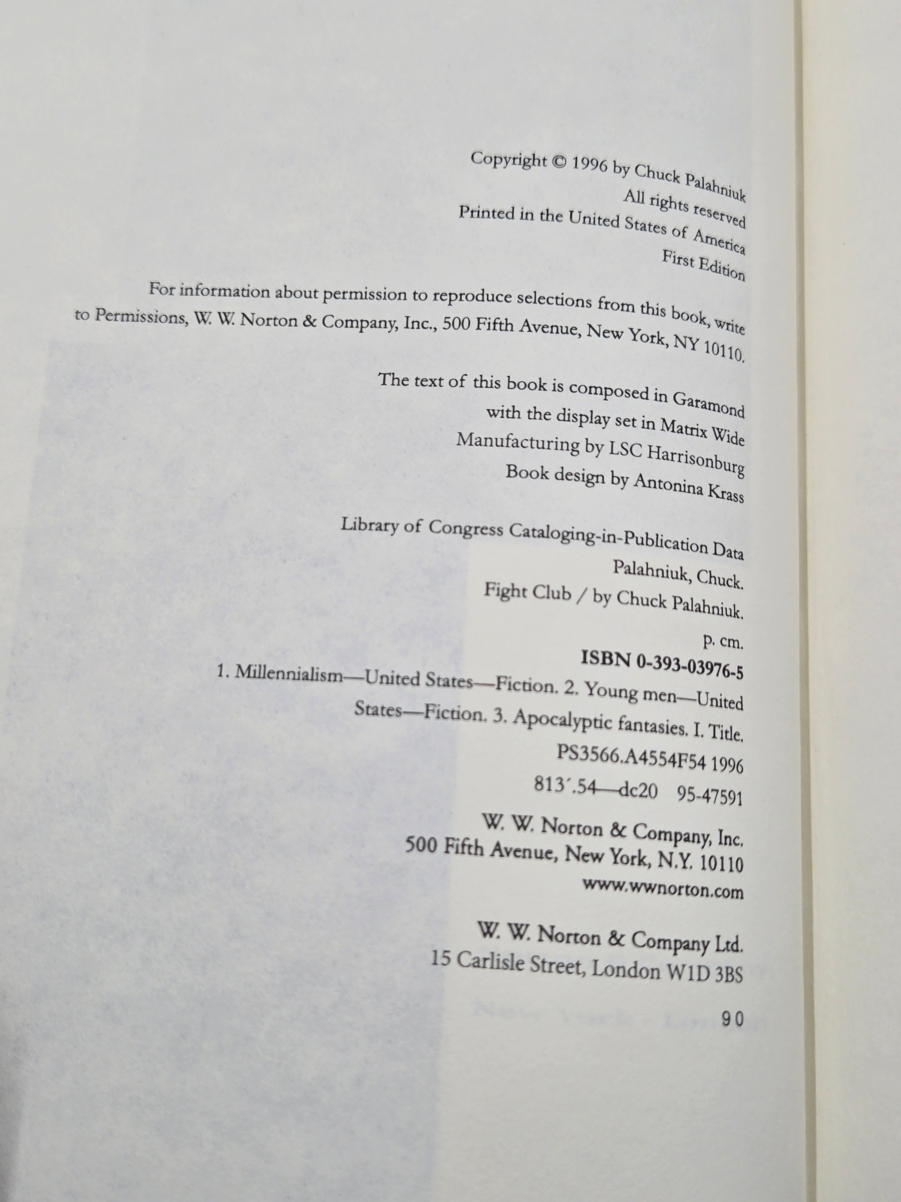 Fight Club (1996 First Edition Hardcover) by Chuck Palahniuk - Preowned